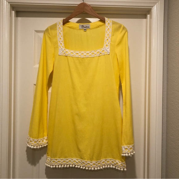 SEATON Retro Yellow Tunic Beach Pool Coverup 100% Cotton PomPon Fringe Size M - Picture 10 of 15